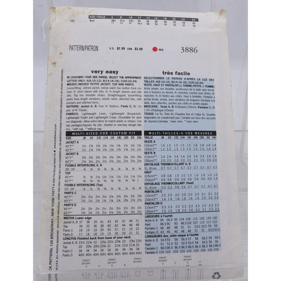 Butterick See & Sew # 3886 Jacket Top Pants ©2003 Uncut Sizes 20-22-24 - Picture 2 of 3